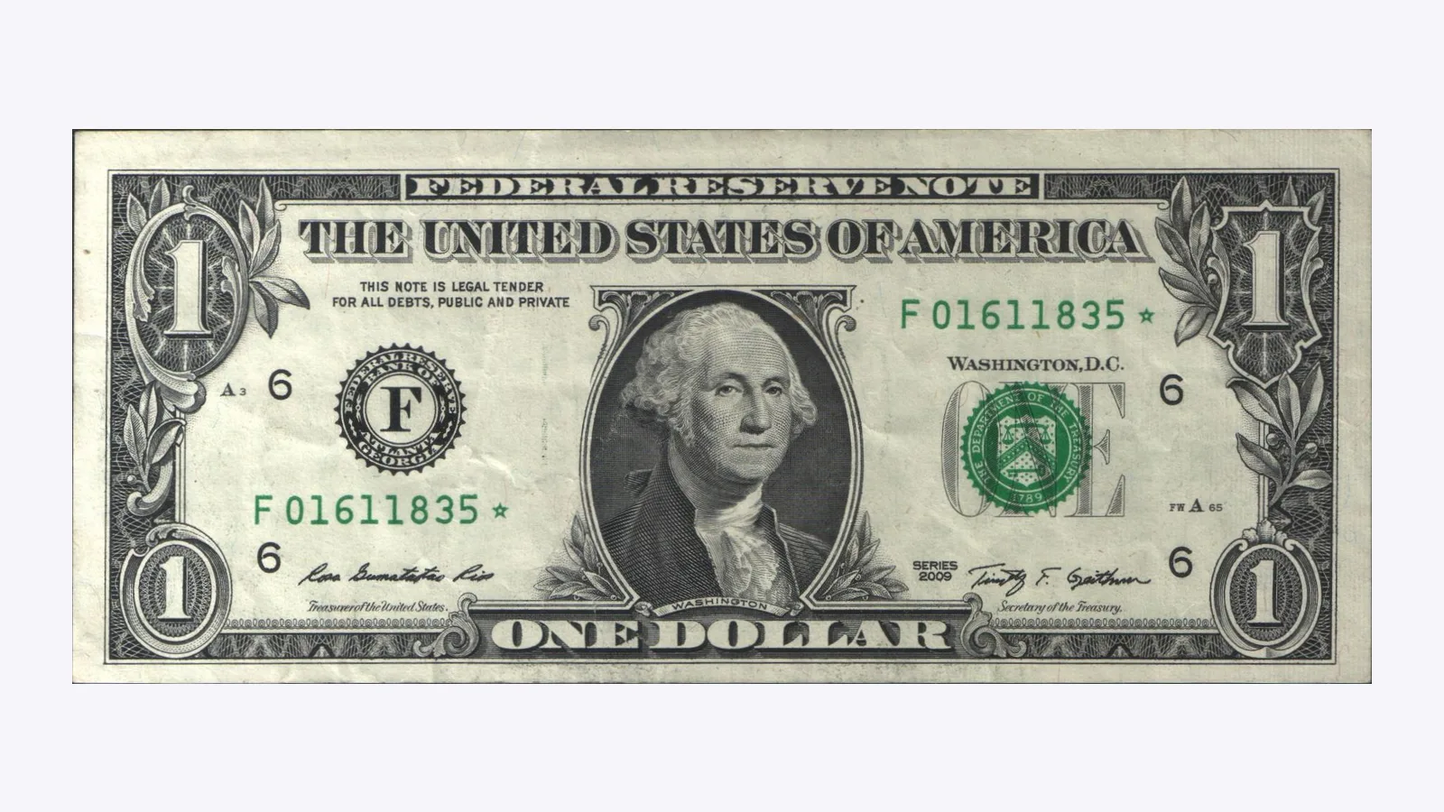 A Series 2009 one dollar star note, with the star at the end of the serial number