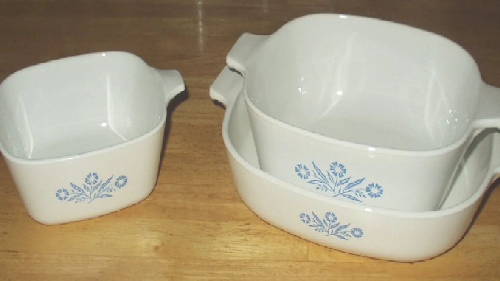 Vintage CorningWare casserole dishes in the Blue Cornflower pattern