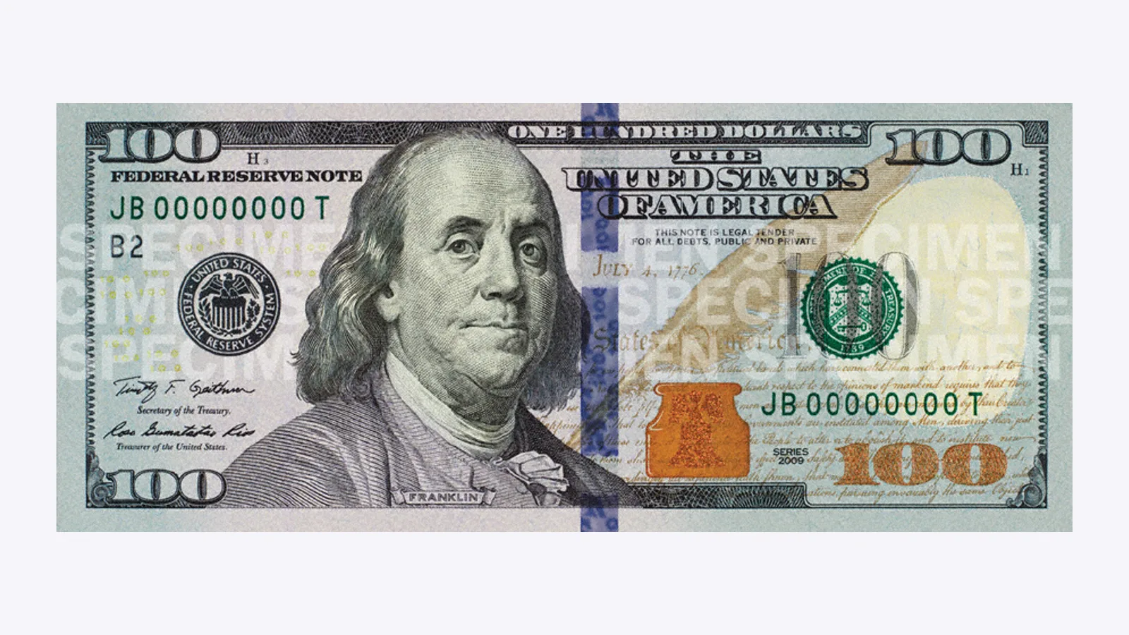 Front of a Series 2009 one hundred dollar bill showing the serial number