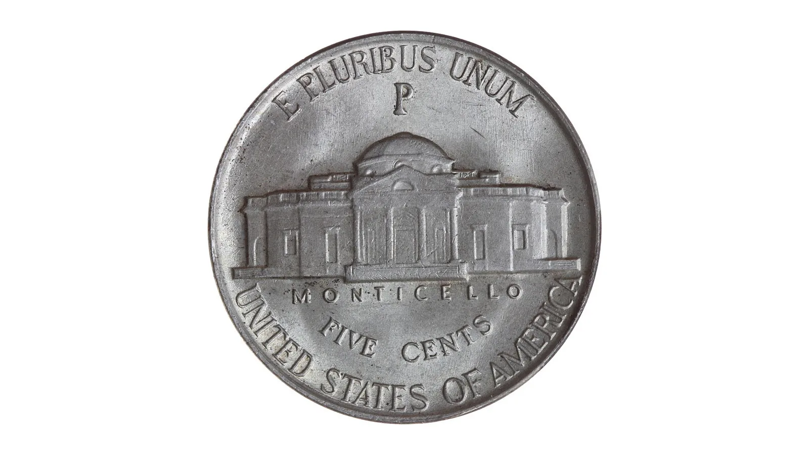 Reverse of a 1945-P Jefferson war nickel with the large P mint mark above Monticello