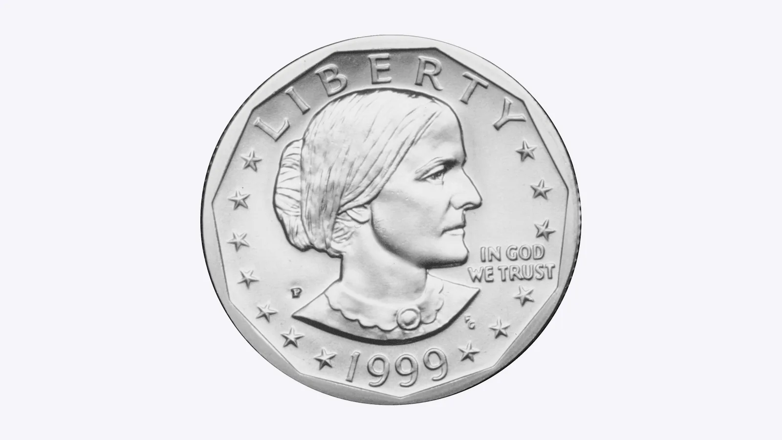 Obverse of a Susan B. Anthony dollar, Philadelphia mint