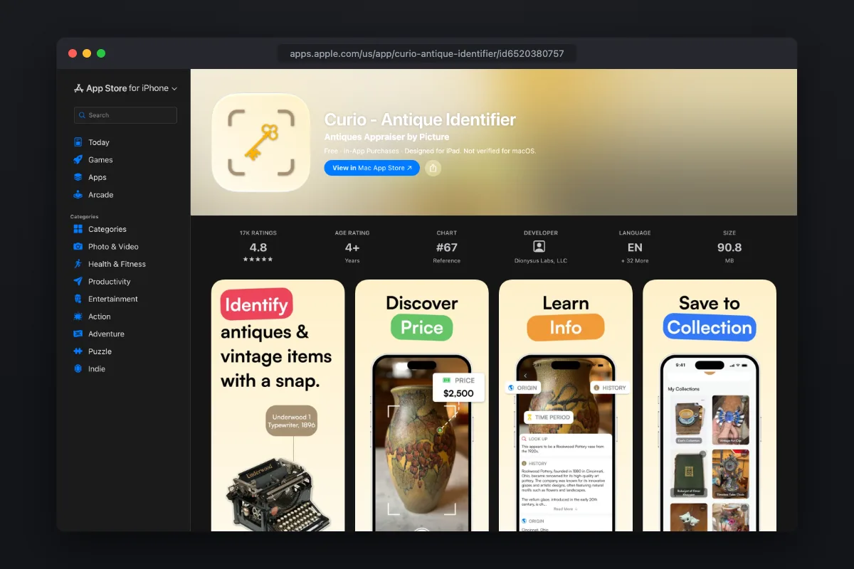 Curio on the App Store: AI collectibles scanner rated 4.8