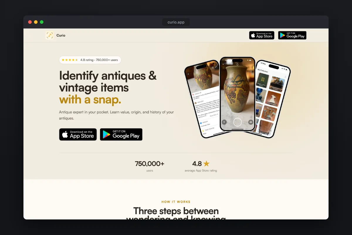 Curio homepage: AI app that identifies and values collectibles from a photo