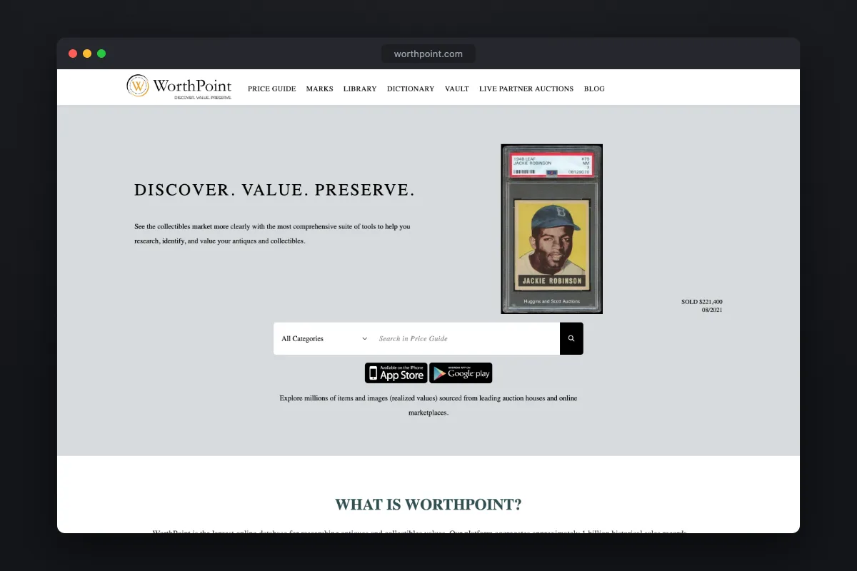WorthPoint homepage: price guide for antiques and collectibles