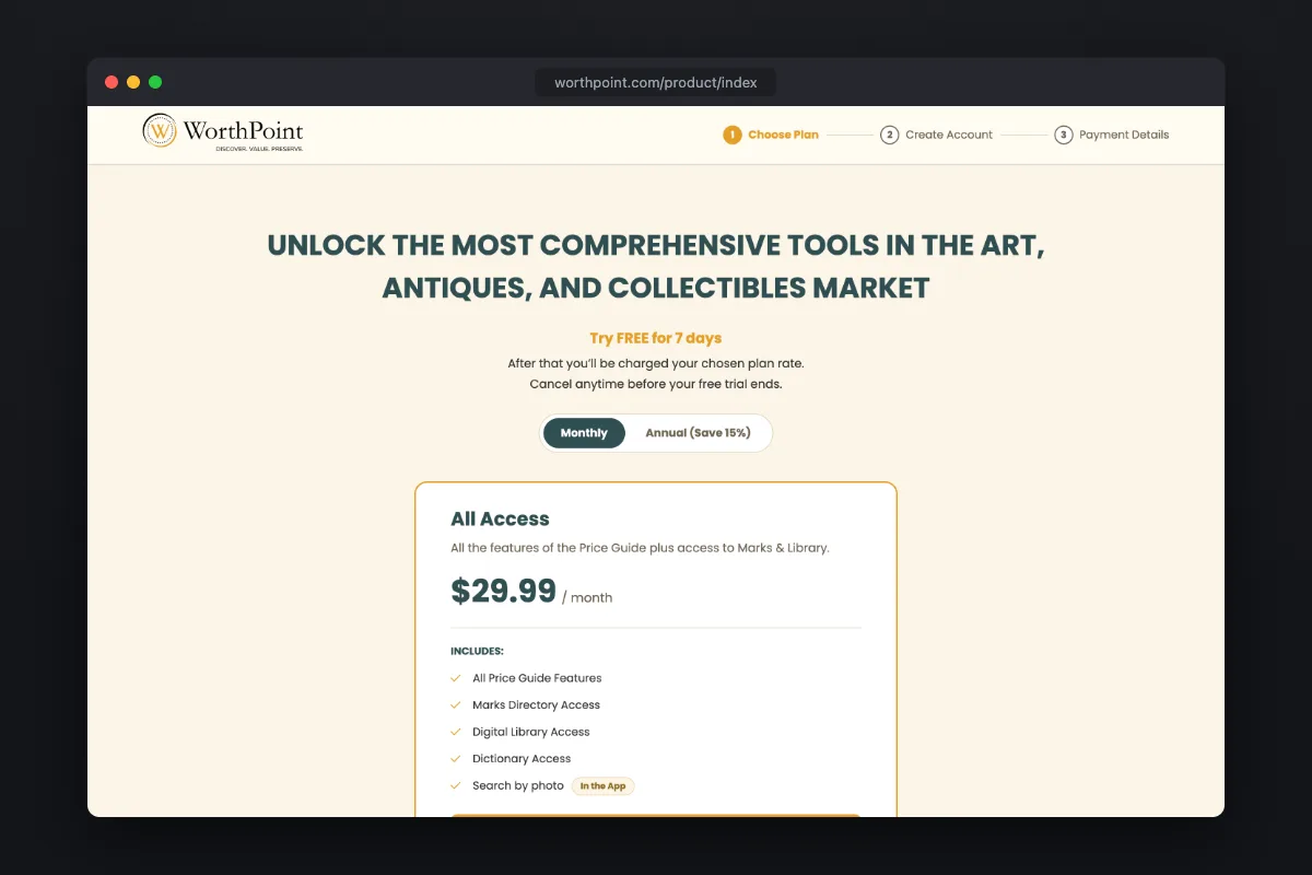 WorthPoint subscription plans: Price Guide and MARKS